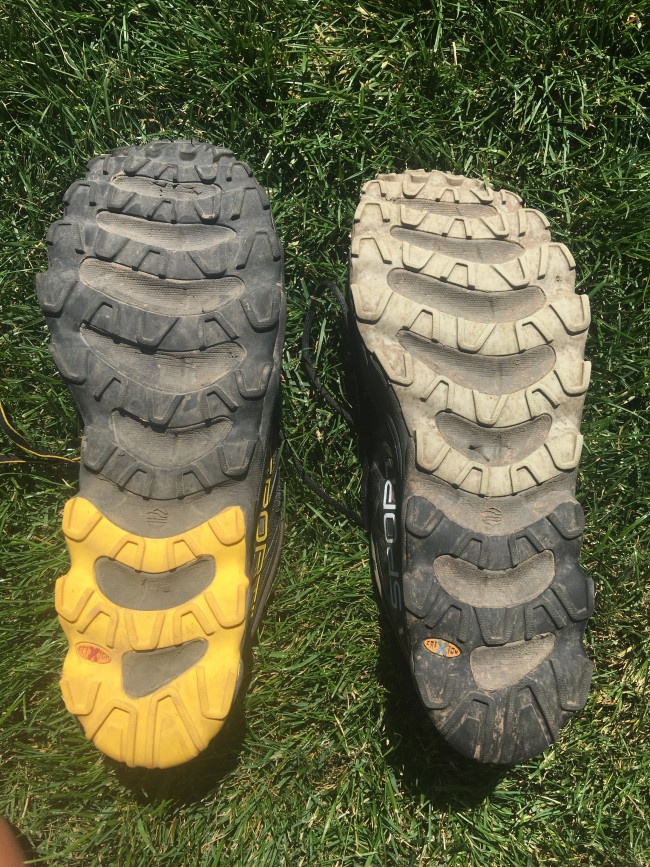 Helios SR on left, 2.0 on right. Of note, SR has durable rubber on heel and sticky on forefoot where 2.0 has durable all over. Also, take a look at that puncture hole from a piece of gravel in the midsole on the 2.0...one of many reasons that I don't prefer large cutouts.